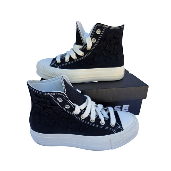 Converse High‎ Top Platform Sneakers Black Floral Embroidered Shoes - Picture 1 of 7